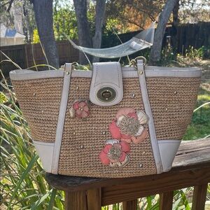 Vintage Coach Hampton Floral Leather & Woven Straw Tote Bag